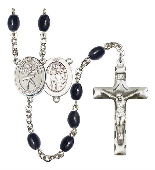 St. Sebastian / Dance Rosary, 8x6mm Black Onyx Beads, Silver Plate, # 13812