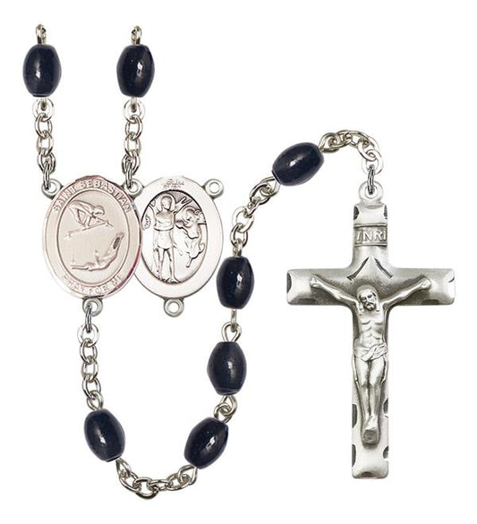 St. Sebastian / Gymnastics Rosary, 8x6mm Black Onyx Beads, Silver Plate, # 13813