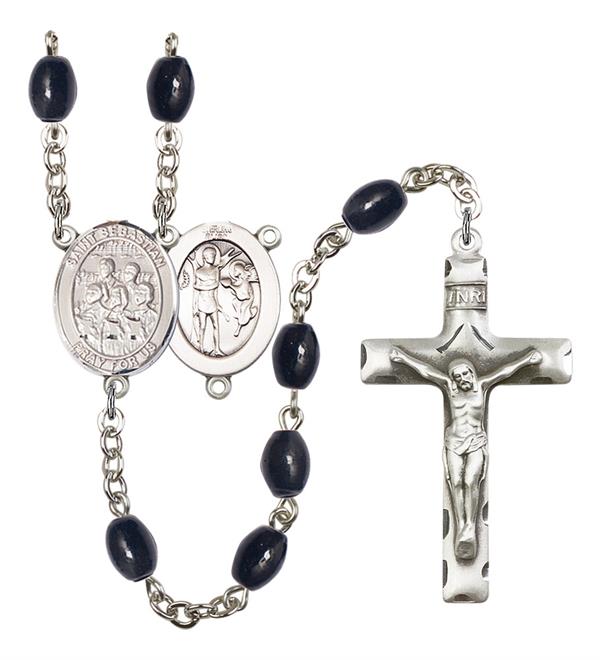 St. Sebastian / Choir Rosary, 8x6mm Black Onyx Beads, Silver Plate, # 13814