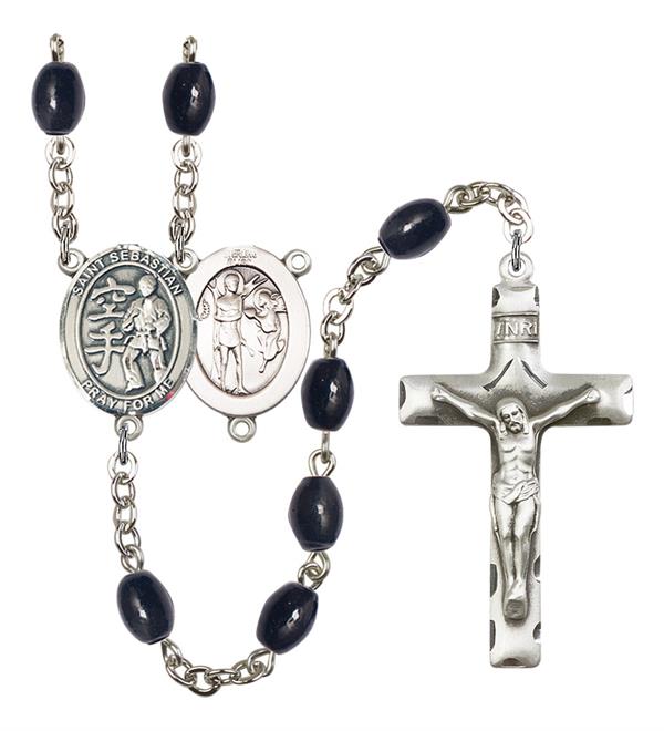 St. Sebastian / Karate Rosary, 8x6mm Black Onyx Beads, Silver Plate, # 13815