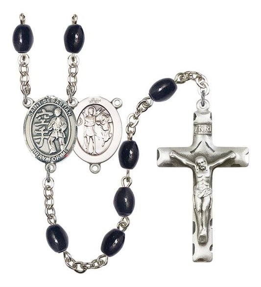 St. Sebastian / Karate Rosary, 8x6mm Black Onyx Beads, Silver Plate, # 13815