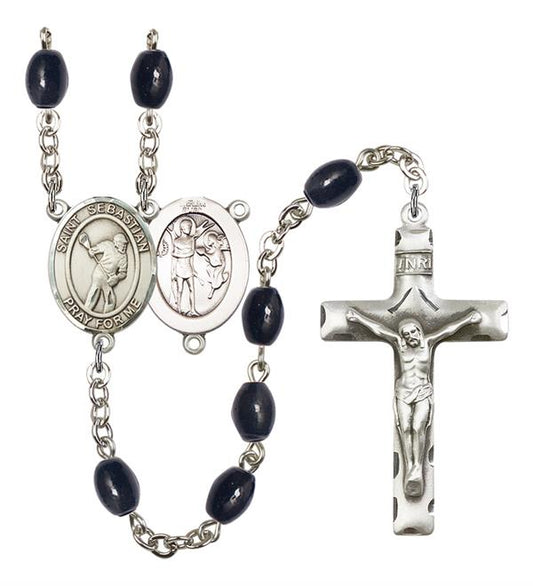 St. Sebastian / Lacrosse Rosary, 8x6mm Black Onyx Beads, Silver Plate, # 13816