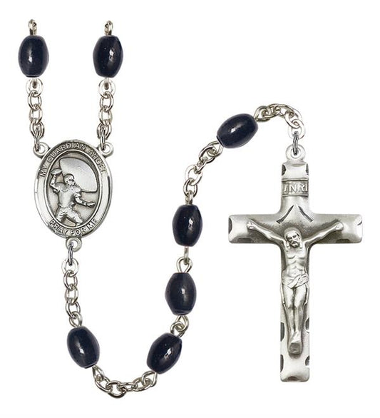 Guardian Angel / Football Rosary, 8x6mm Black Onyx Beads, Silver Plate, # 13821