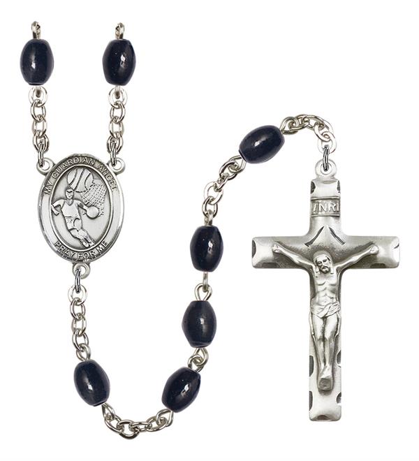 Guardian Angel / Basketball Rosary, 8x6mm Black Onyx Beads, Silver Plate, # 13822