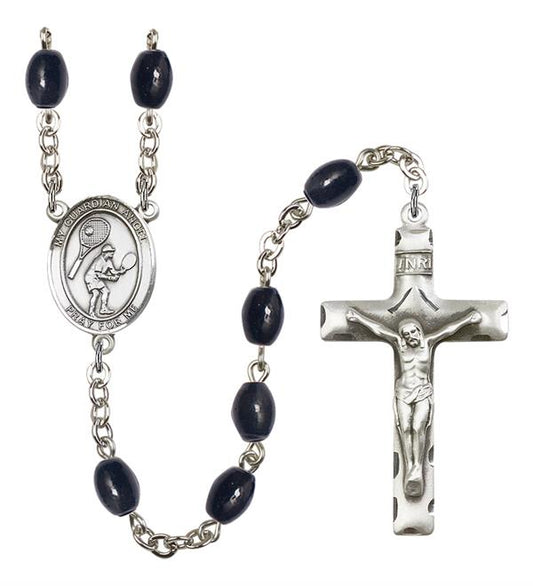 Guardian Angel / Tennis Rosary, 8x6mm Black Onyx Beads, Silver Plate, # 13825