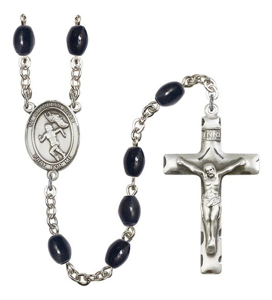 Guardian Angel / Women's Track & Field Rosary, 8x6mm Black Onyx Beads, Silver Plate, # 13831