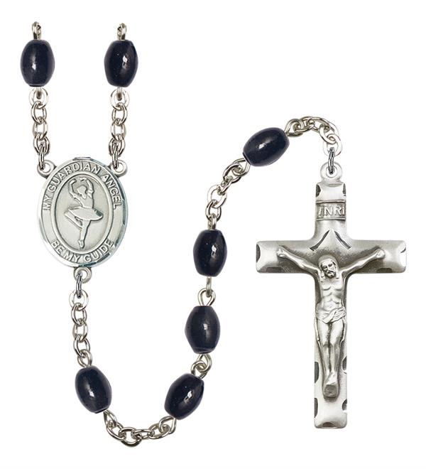 Guardian Angel / Dance Rosary, 8x6mm Black Onyx Beads, Silver Plate, # 13833