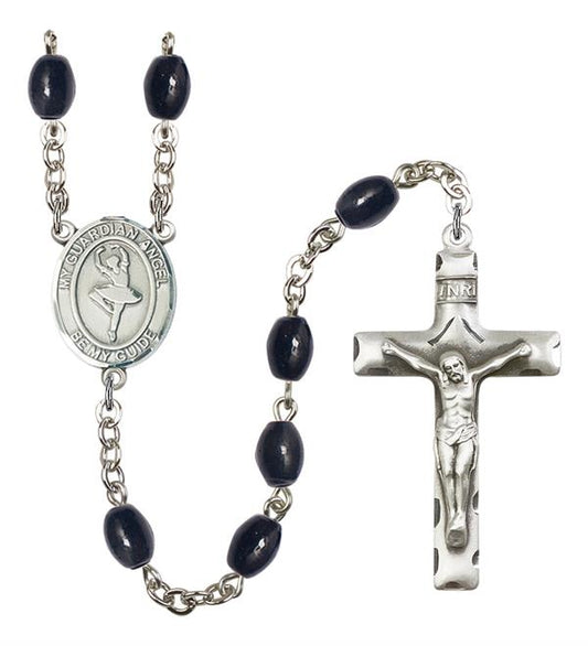 Guardian Angel / Dance Rosary, 8x6mm Black Onyx Beads, Silver Plate, # 13833