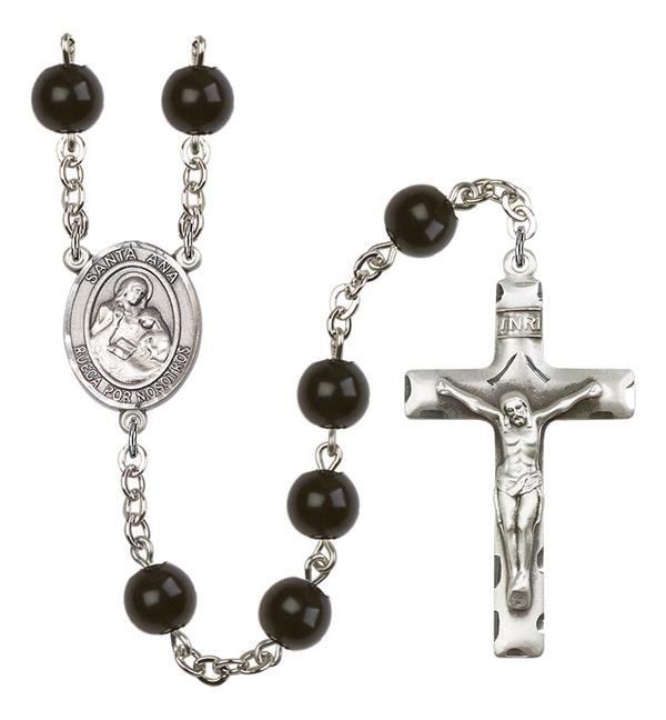 Santa Ana Spanish Rosary, 7mm Black Onyx Beads, Silver Plate, # 13835