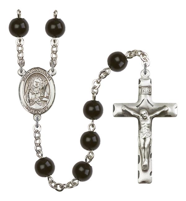 St. Apollonia Rosary, 7mm Black Onyx Beads, Silver Plate, # 13842