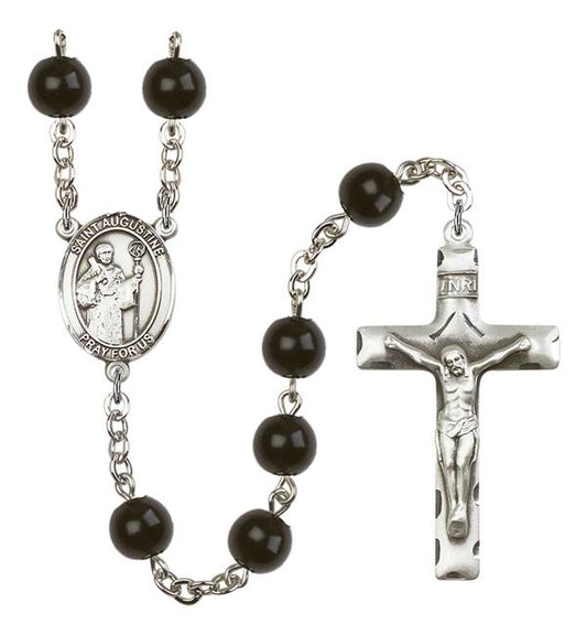 St. Augustine Rosary, 7mm Black Onyx Beads, Silver Plate, # 13846