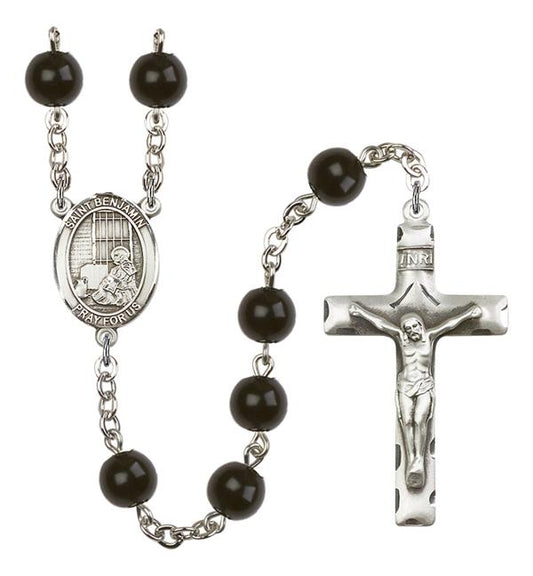 St. Benjamin Rosary, 7mm Black Onyx Beads, Silver Plate, # 13853