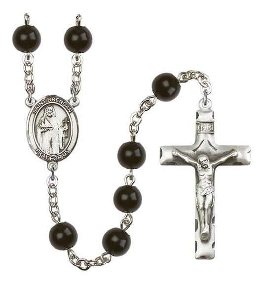 St. Brendan Rosary, 7mm Black Onyx Beads, Silver Plate, # 13858