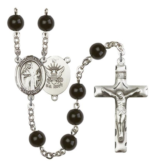 St. Brendan U.S. Navy Rosary, 7mm Black Onyx Beads, Silver Plate, # 13859