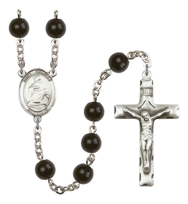 St. Charles Rosary, 7mm Black Onyx Beads, Silver Plate, # 13862