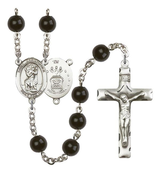 St. Christopher U.S. Air Force Rosary, 7mm Black Onyx Beads, Silver Plate, # 13866