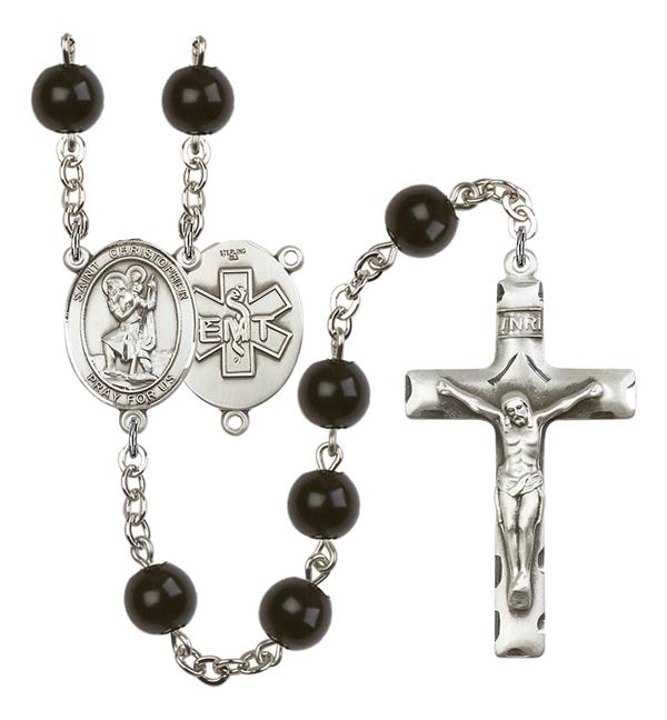 St. Christopher EMT Rosary, 7mm Black Onyx Beads, Silver Plate, # 13867