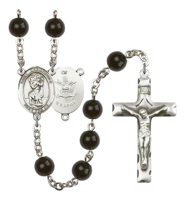St. Christopher U.S. Army Rosary, 7mm Black Onyx Beads, Silver Plate, # 13868