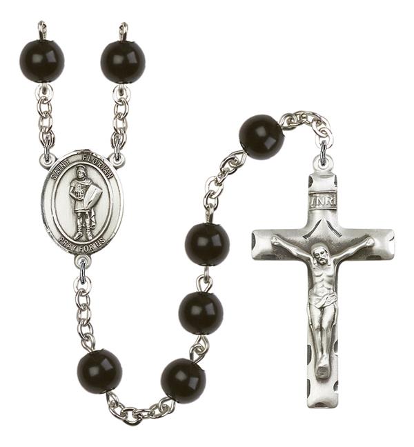 St. Florian Rosary, 7mm Black Onyx Beads, Silver Plate, # 13886