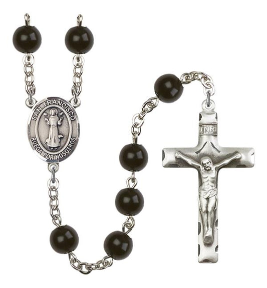 San Francisco Spanish Rosary, 7mm Black Onyx Beads, Silver Plate, # 13889