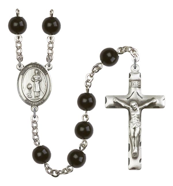 St. Genesius Rosary, 7mm Black Onyx Beads, Silver Plate, # 13891