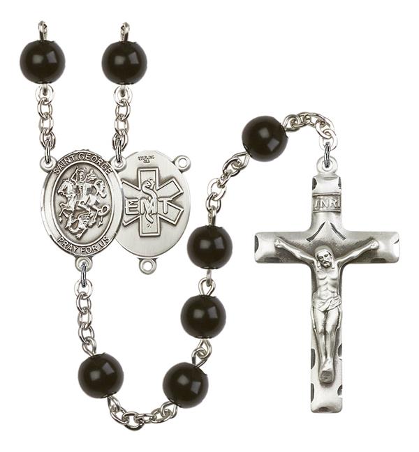 St. George EMT Rosary, 7mm Black Onyx Beads, Silver Plate, # 13895