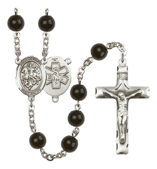 St. George EMT Rosary, 7mm Black Onyx Beads, Silver Plate, # 13895