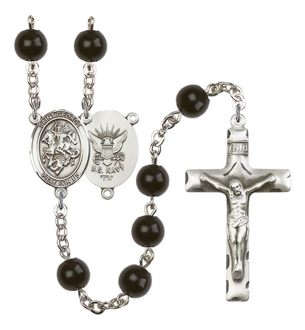 St. George U.S. Navy Rosary, 7mm Black Onyx Beads, Silver Plate, # 13900