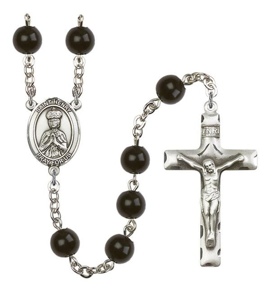 St. Henry Rosary, 7mm Black Onyx Beads, Silver Plate, # 13907