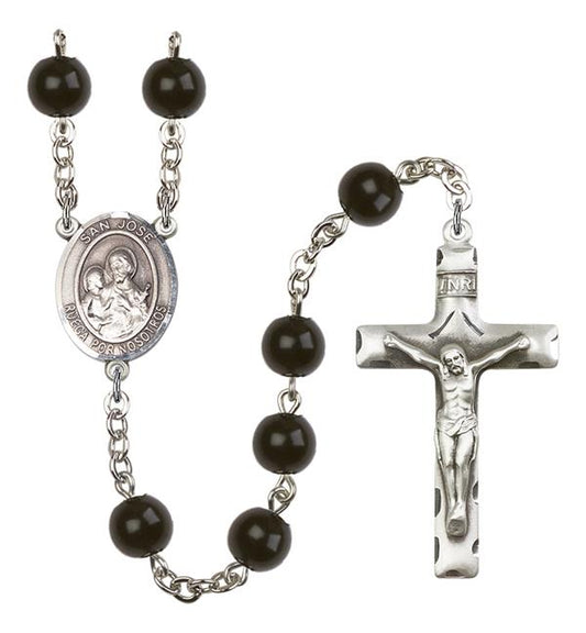 San Jose Rosary, 7mm Black Onyx Beads, Silver Plate, # 13922