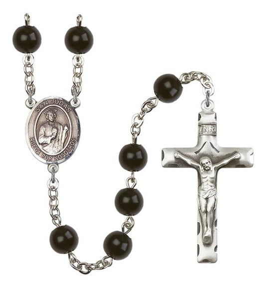San Judas Spanish Rosary, 7mm Black Onyx Beads, Silver Plate, # 13925