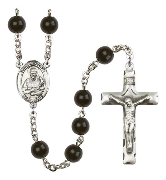 St. Lawrence Rosary, 7mm Black Onyx Beads, Silver Plate, # 13928