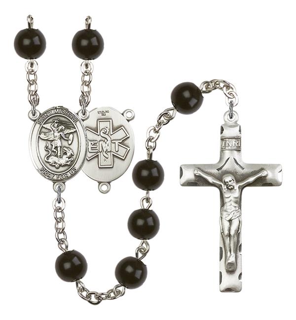 St. Michael EMT Rosary, 7mm Black Onyx Beads, Silver Plate, # 13944