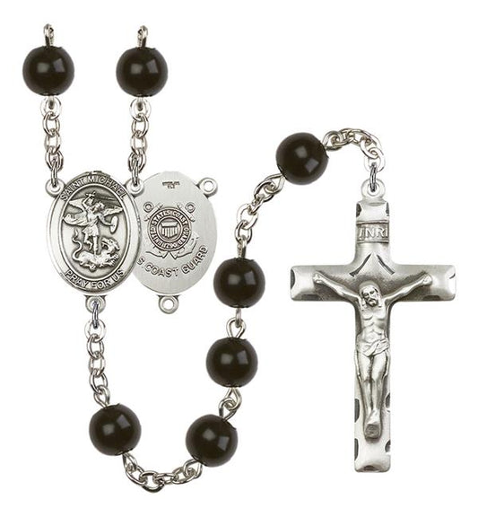 St. Michael U.S. Coast Guard Rosary, 7mm Black Onyx Beads, Silver Plate, # 13946