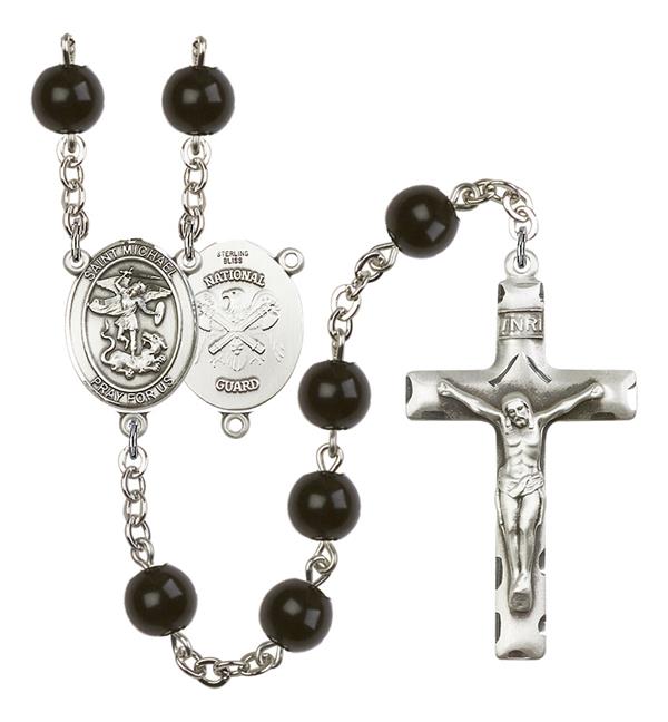 St. Michael National Guard Rosary, 7mm Black Onyx Beads, Silver Plate, # 13948