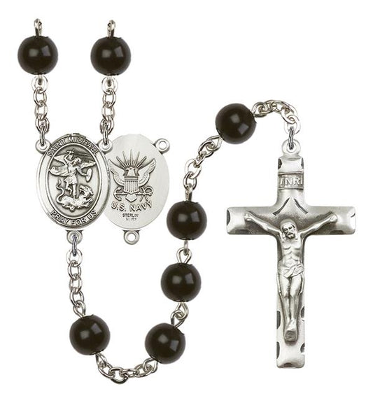 St. Michael U.S. Navy Rosary, 7mm Black Onyx Beads, Silver Plate, # 13949