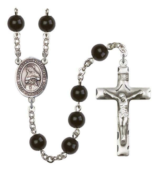 Virgen de la Divina Providencia Spanish Rosary, 7mm Black Onyx Beads, Silver Plate, # 13964