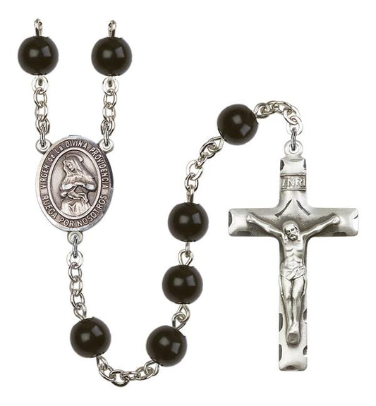 Virgen de la Divina Providencia Spanish Rosary, 7mm Black Onyx Beads, Silver Plate, # 13964