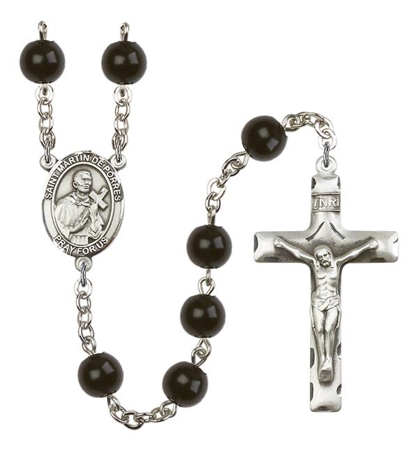 St. Martin de Porres Rosary, 7mm Black Onyx Beads, Silver Plate, # 13967