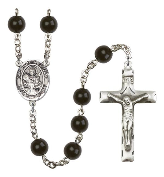 San Ramon Nonato Spanish Rosary, 7mm Black Onyx Beads, Silver Plate, # 13970