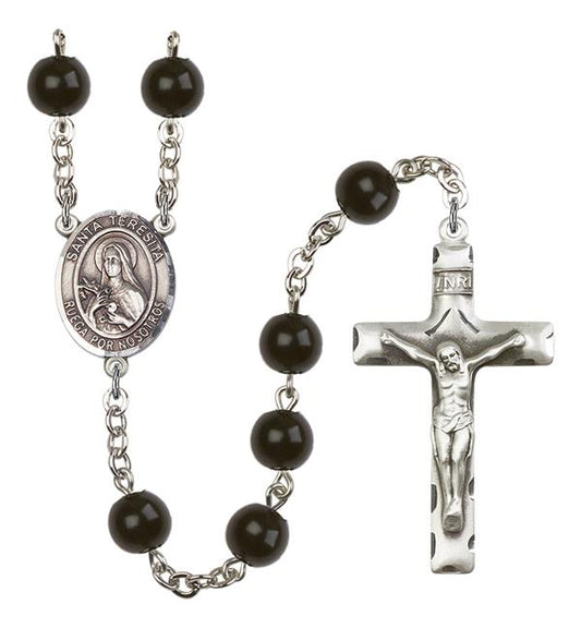 Santa Teresita Spanish Rosary, 7mm Black Onyx Beads, Silver Plate, # 13986