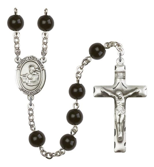 St. Thomas Aquinas Rosary, 7mm Black Onyx Beads, Silver Plate, # 13988