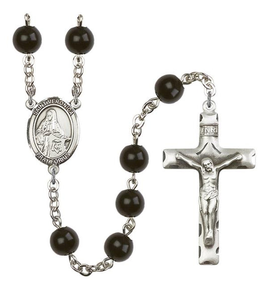 St. Veronica Rosary, 7mm Black Onyx Beads, Silver Plate, # 13990