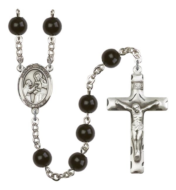 St. John of God Rosary, 7mm Black Onyx Beads, Silver Plate, # 13992