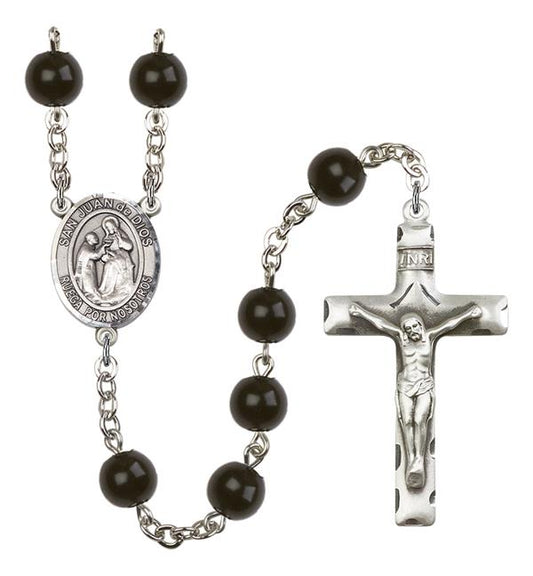 San Juan de Dios Spanish Rosary, 7mm Black Onyx Beads, Silver Plate, # 13993
