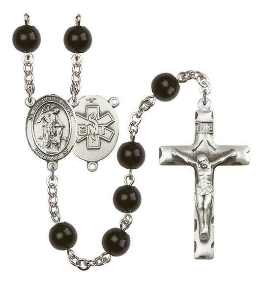 Guardian Angel EMT Rosary, 7mm Black Onyx Beads, Silver Plate, # 14001
