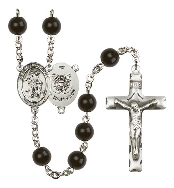 Guardian Angel U.S. Coast Guard Rosary, 7mm Black Onyx Beads, Silver Plate, # 14003
