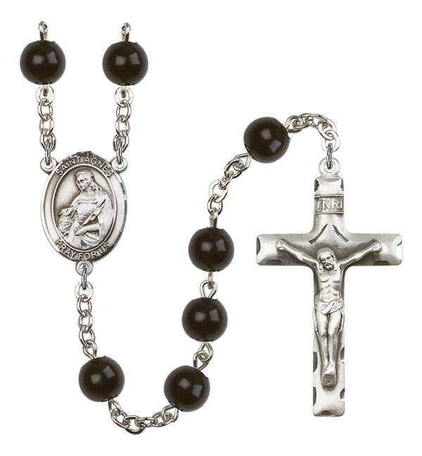 St. Agnes Rosary, 7mm Black Onyx Beads, Silver Plate, # 14018