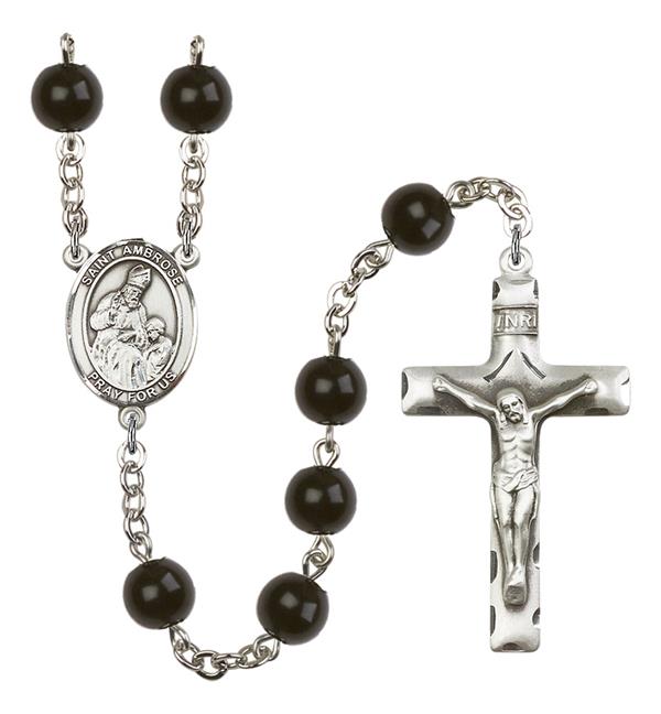 St. Ambrose Rosary, 7mm Black Onyx Beads, Silver Plate, # 14027