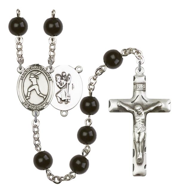 St. Christopher / Women's Softball Rosary, 7mm Black Onyx Beads, Silver Plate, # 14034